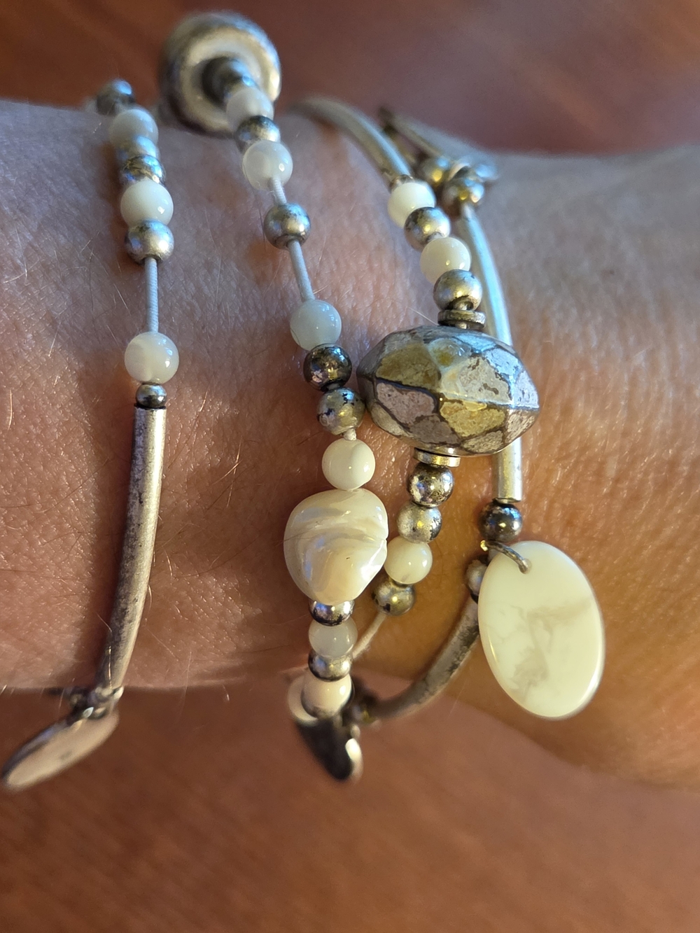 Vintage Stacked Cream Bead and Silver-Tone Bracelet Set